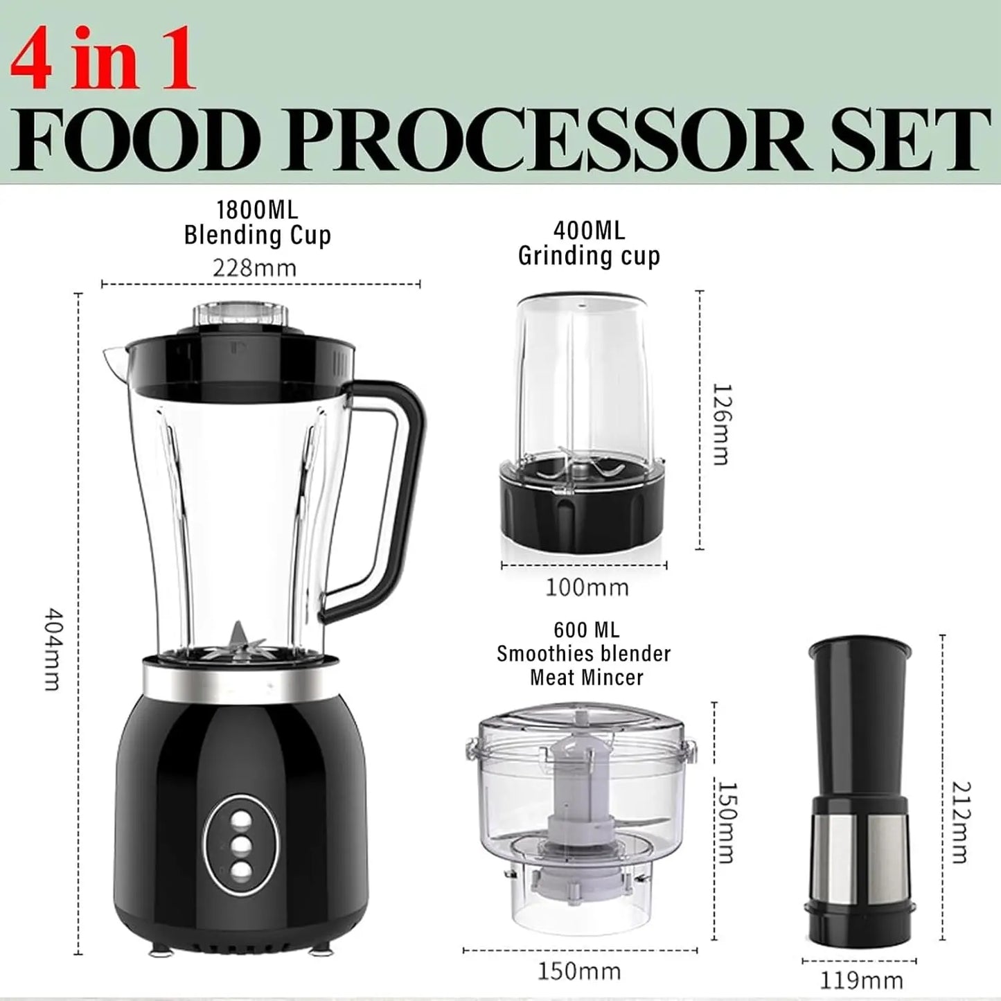 4 in 1 Blender and Food Processor Combo for Kitchen, Blender for Shakes and Smoothies, Meat Chopped, Dry Grinding,600W 3 Cups(1.8L+